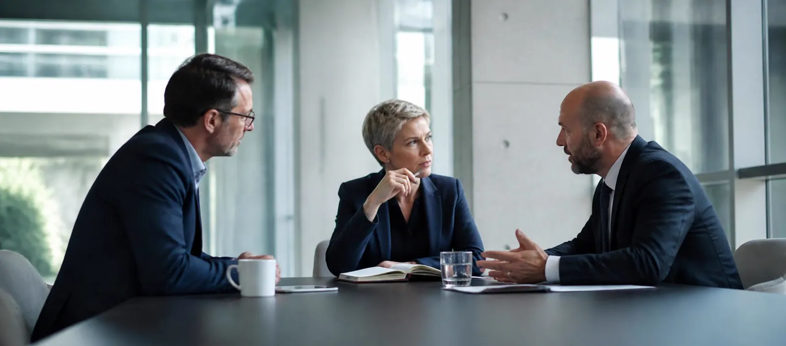 Business leaders in conversation across a table in a contemporary workspace